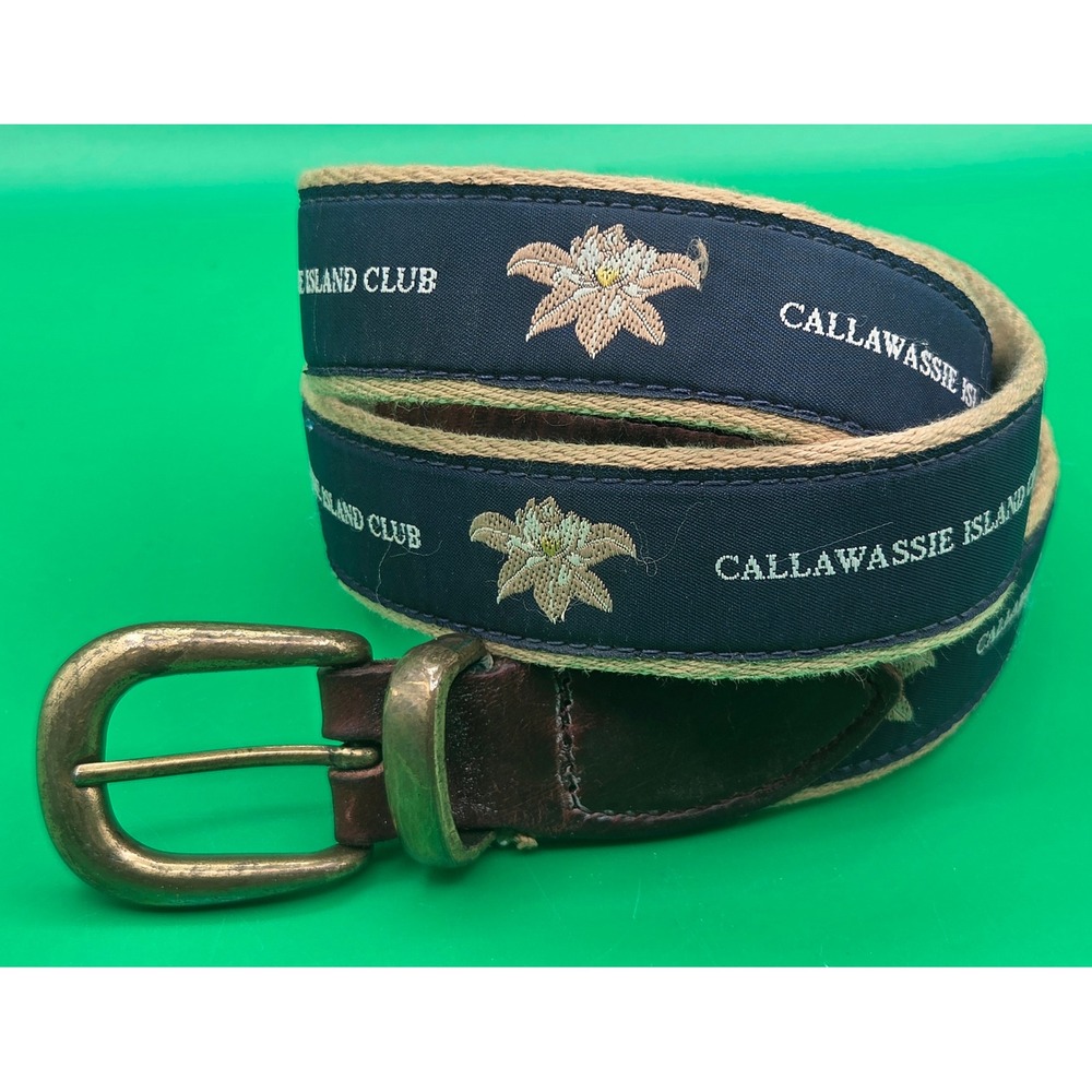 YRI Callawassie Island Golf Club Ribbon Belt Navy Tan Leather Brass Buckle 40